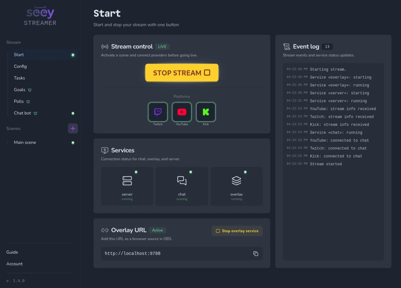 SEEY Streamer desktop app — live stream control